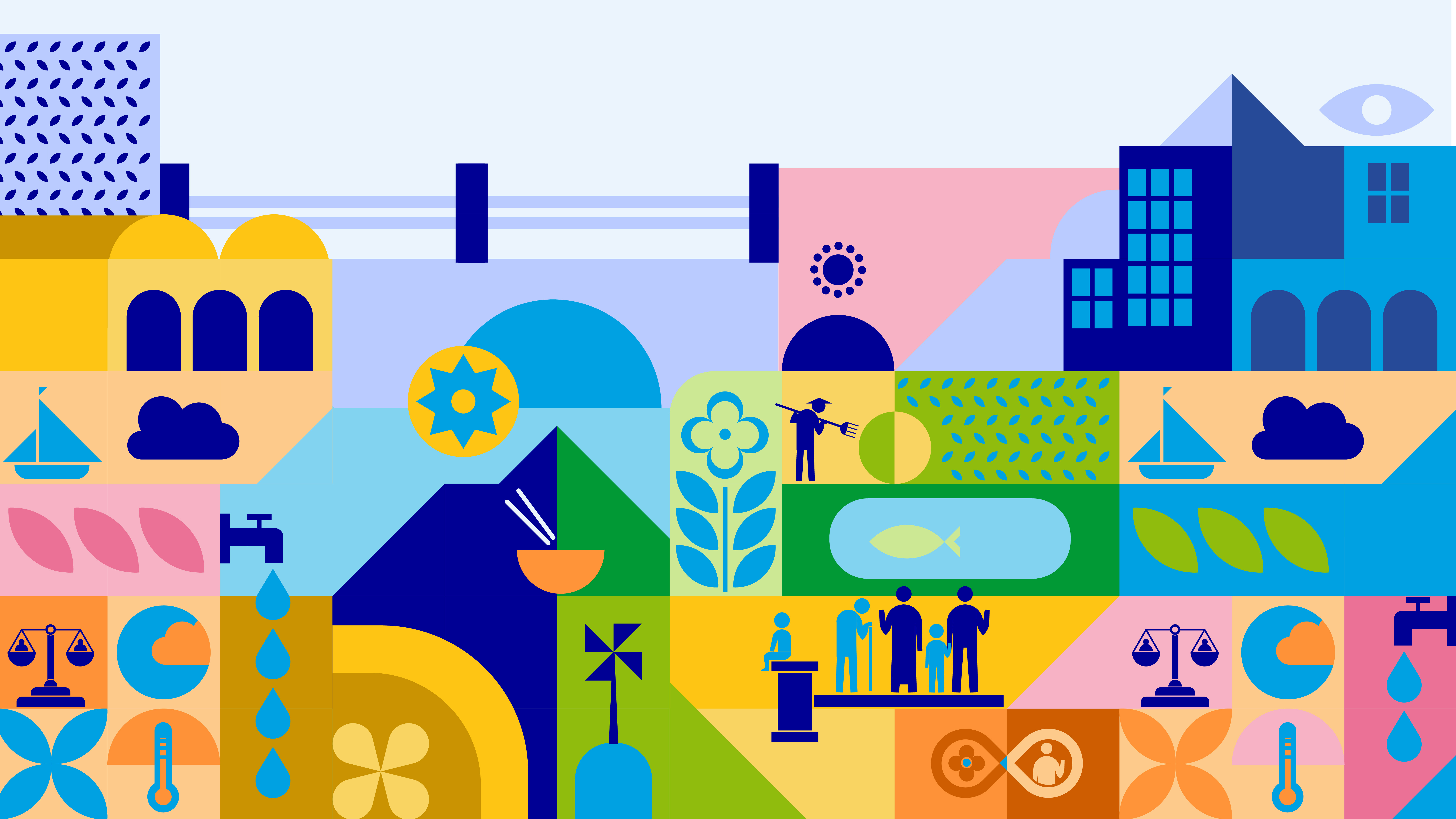 Illustration représentant territoires, climat, emploi, eau et justice sociale dans une transition écologique.